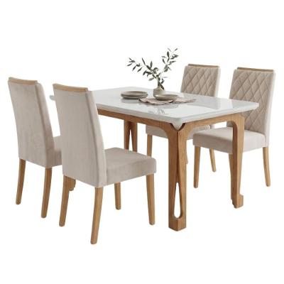 Conjunto Sala de Jantar Nadine Mesa 120cm Tampo MDF com Vidro 4 Lugares Bege Viero Móveis