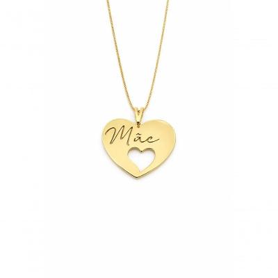 Colar Pingente Mãe Laser Atraktiva Jóias Banhado a Ouro 18k 3,6cm Corrente 45cm Ou 60cm Feminino