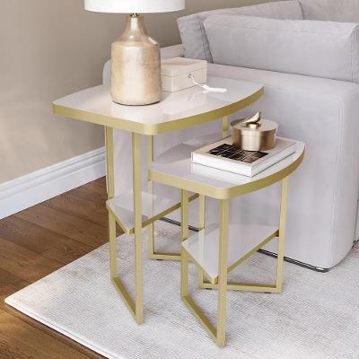 Kit 2 Mesas Laterais Lile Retangulares Tampo MDF Estrutura de Ferro Off White Dourado Movelove