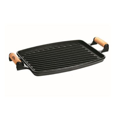 Chapa Grill Retangular Arredondado Ferro Fundido Base Estriada Alça Madeira Preto Panela Mineira