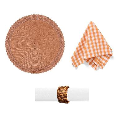 Kit de Mesa Posta 4 Lugares São João Xadrez Laranja e Branco com Jogo Americano Copa & Cia