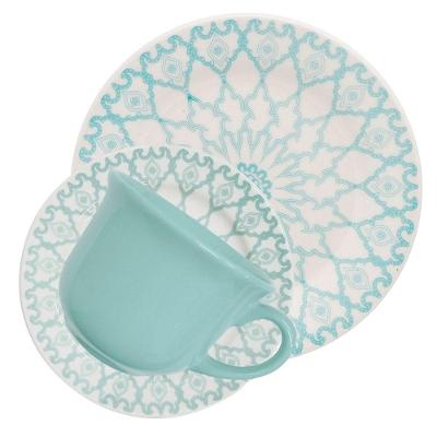 Jogo para Café e Lanche Donna Mandala 8 Peças Cerâmica Resistente a Micro-ondas Azul Claro Biona