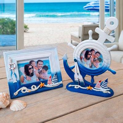 Porta Retrato Náutico para Decoração Kit 2 Peças em Mdf e Vidro Branco e Azul