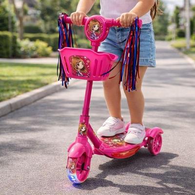 Patinete Infantil 3 Rodas Dobrável com Led Som Cesta e Freio Traseiro Rosa
