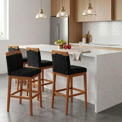 Kit 4 Banquetas Altas Cozinha Gourmet Conforto Suede Preto Madeira de Eucalipto 40cm Tatite Decor
