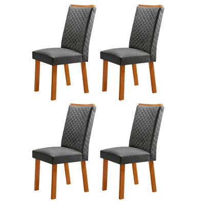 Conjunto 4 Cadeiras Lira em MDF Estofado em Linho Grafite Naturalle para Sala de Jantar Moderna