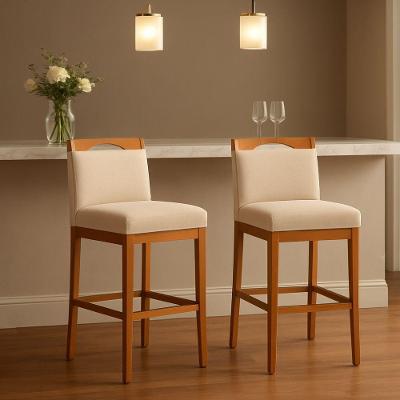Kit 2 Banquetas Altas Cozinha Gourmet Estofada Linho Bege Madeira Eucalipto Tatite Decor