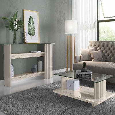 Conjunto Aparador e Mesa de Centro Gusmao G97 2 Portas Mdp Calacata Off White Gran Belo