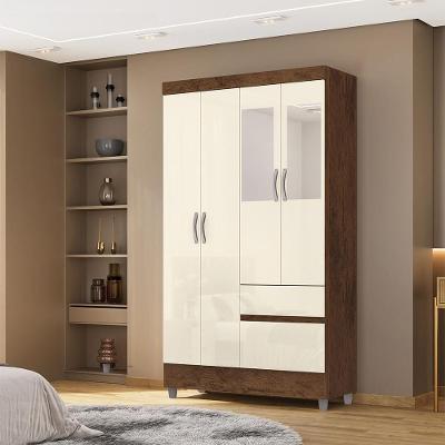 Guarda Roupa Solteiro Abruzzo G98 4 Portas de Bater 2 Gavetas com Espelhos Nogueira-offwhite Gran