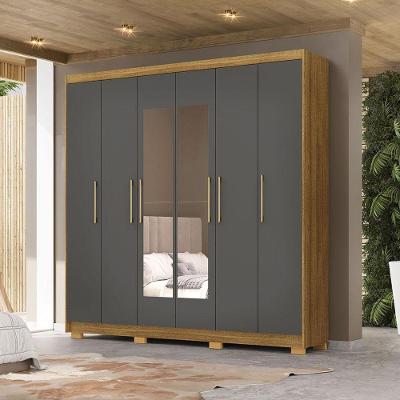 Guarda Roupa Casal Forest G98 6 Portas de Bater 6 Gavetas Mdf com Espelhos Nature-Chumbo Gran Belo