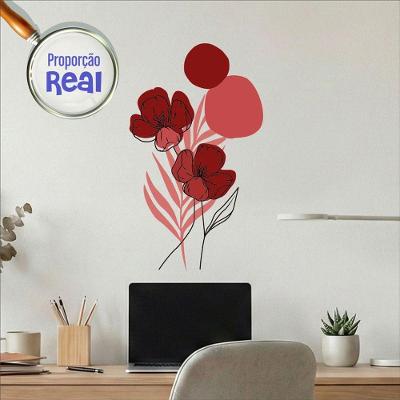 Adesivo de Parede Floral Boho Vermelho Estilo Nórdico 35x60 Minimalista Abstrato Lavável