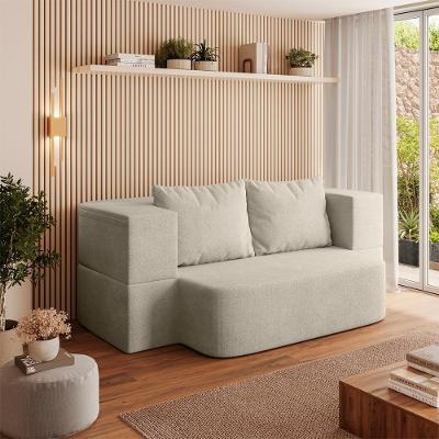 Sofá Cama Puff Modular Dobrável Sofá Cama Duo 3 Lugares Bege Bouclê Balaqui Decor