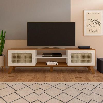 Rack Bancada Charlotte para Tv 75 180cm Mdf Mdp Cinamomo Off White com Pés em Madeira Artely