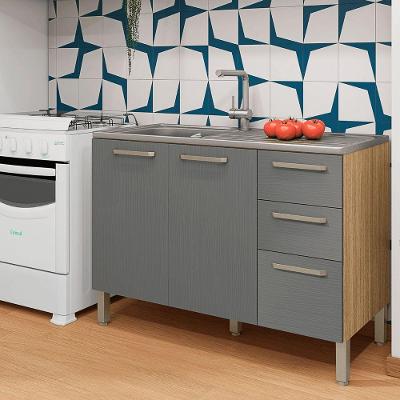 Balcão de Cozinha Versalhes 3 Portas 2 Gavetas 120cm Freijó Gris Casa Mad