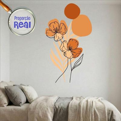 Adesivo de Parede Floral Boho Laranja Estilo Nórdico 88x150 Minimalista Abstrato