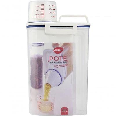 Pote Hermético para Armazenamento com Bico e Copo Medidor 2L Plástico PP para Cozinha Transparente
