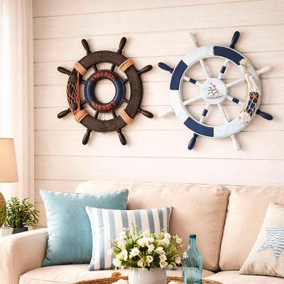 Kit Timão Decorativo de Parede Náutico em Madeira e MDF Azul Branco e Marrom