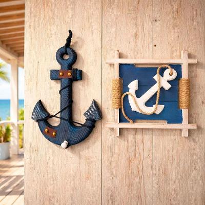 Kit Quadro Decorativo Náutico Âncora de Parede em Madeira e MDF Azul e Branco