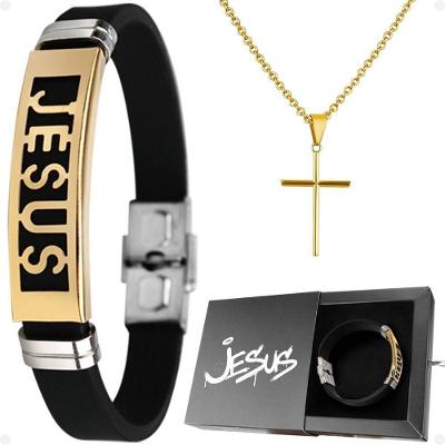 Kit Pulseira Jesus com Corrente Cruz e Caixa Orizom Silicone e Aço Inox Masculino