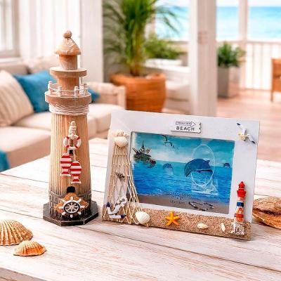 Kit Porta Retrato e Farol Marítimo para Decoração Náutica em MDF e Vidro Bege