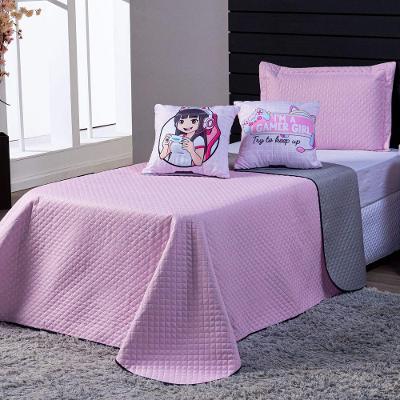 Kit Cobre Leito Colcha Solteiro Girl Gamer Microfibra 100% Poliéster Dupla Face Rosa e Cinza