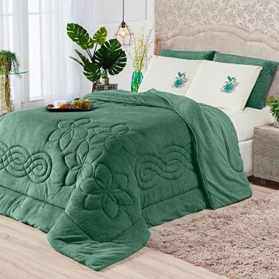 Kit Coberdrom King Hibisco 3 Peças Manta Microfibra Dupla Face Floral Verde Dourados Enxovais