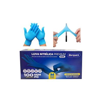 Luva Nitrílica Descartável Bompack Comfort Azul sem Pó para Uso Industrial Jardinagem e Alimentos