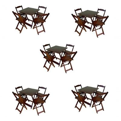 Kit 5 Conjuntos Dobráveis 70x70 Mesa e Cadeira Madeira Imbuia para Restaurante e Festa