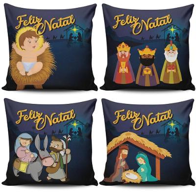 Kit 4 Capas de Almofadas Natalinas Família Sagrada 45cm X 45cm Vermelho Dourados Enxovais