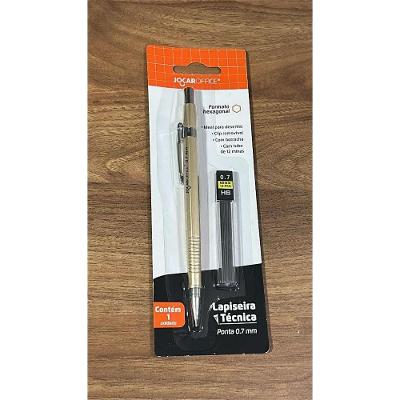 Kit Lapiseira Técnica OEM Jocar Office 0.7mm com Tubo 12 Grafites Hexagonais Dourado