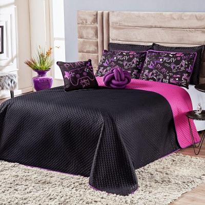 Kit Cobre Leito Colcha Queen Game Win 7 Peças Microfibra Preto Pink com Almofadas Dourados Enxovais