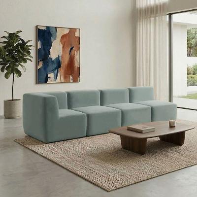 Sofá Modular Kit 4 Módulos 3 Meios e 1 Canto 4 Lugares 308cm Azul Bouclé