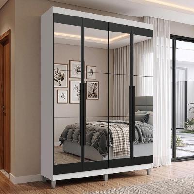Guarda Roupa Solteiro Venus 1105K84E2G1CP 4 Portas de Bater com Espelhos MDP Branco-Preto-Preto
