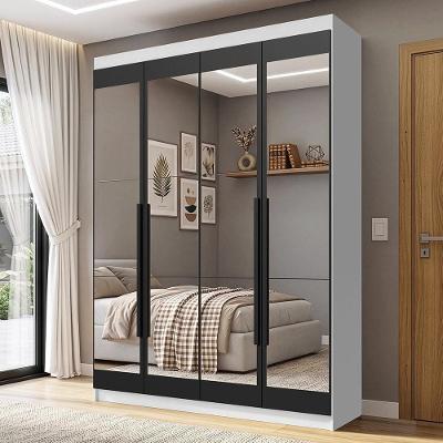 Guarda Roupa Solteiro Venus 1105K84E2G1 4 Portas de Bater com Espelhos Branco-Preto-Preto Madesa