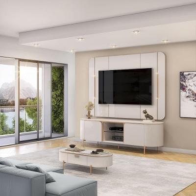 Painel e Bancada para Tv 65 Deep com Luminárias Douradas Offwhite G18 em Mdf Gran Belo