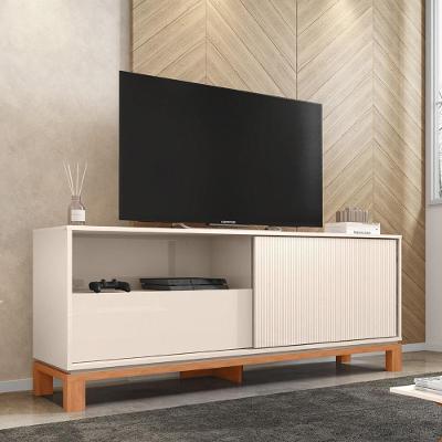 Bancada para Tv Átomo 55 150cm Mdp com Porta de Correr Ripada Off White-freijo Gran Belo
