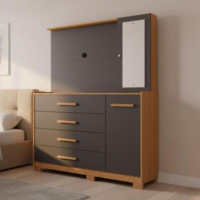 Cômoda Sapateira com Espelho e Painel para Tv Lecco A04 4 Gavetas Mdf Mdp Branco Freijó Titanium