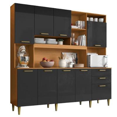Kit Cozinha Mega 9 Portas sem Gavetas MDP MDF 208cm Cinamomo Grafite Aramóveis