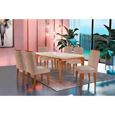 Sala de Jantar Completa Londrina Tampo Madeirado c/ Vidro 180cm + 6 Cadeiras Lunara Imbuia/Bege - Rufato