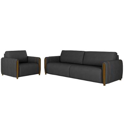 Conjunto Poltrona e Sofá 223cm Maceió G45 Preto Couro Sintético Gran Belo