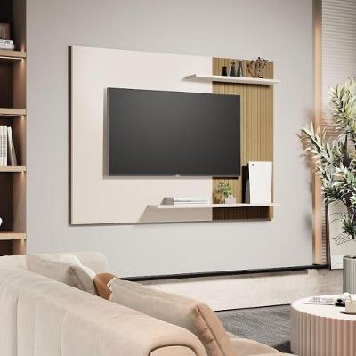 Painel de Parede para Tv Mênfis 135cm Ripado com Prateleiras Off White Sal Movelaria
