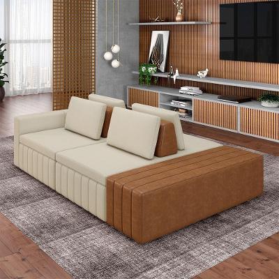 Sofá Ilha Olimpo G45 4 Lugares com Encosto 265cm Bege Linho e Pu Caramelo Gran Belo