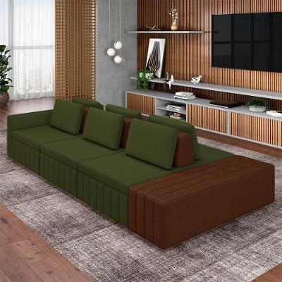 Sofá Modular Ilha Olimpo G45 4 Lugares 365cm Verde e Marrom Linho e Pu Gran Belo