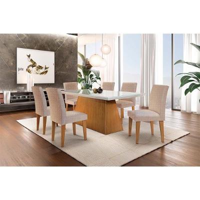 Sala De Jantar Completa Luna C/ Tampo Madeirado C/ Vidro 180Cm + 6 Cadeiras Grécia Imbuia/Bege Turim