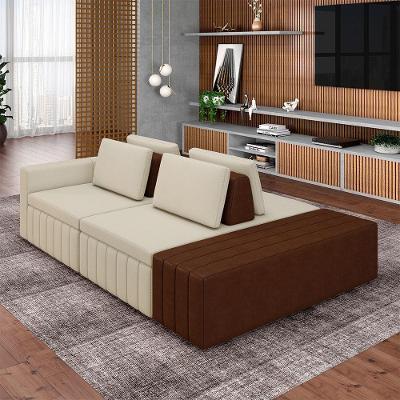 Sofá Modular Ilha Olimpo G45 com Encosto 245cm Bege e Marrom Linho e Pu Gran Belo