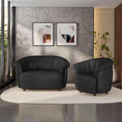 Conjunto de Sofá Latvia 3 Lugares Pu Preto Manchado com Namoradeira e Poltrona Gran Belo