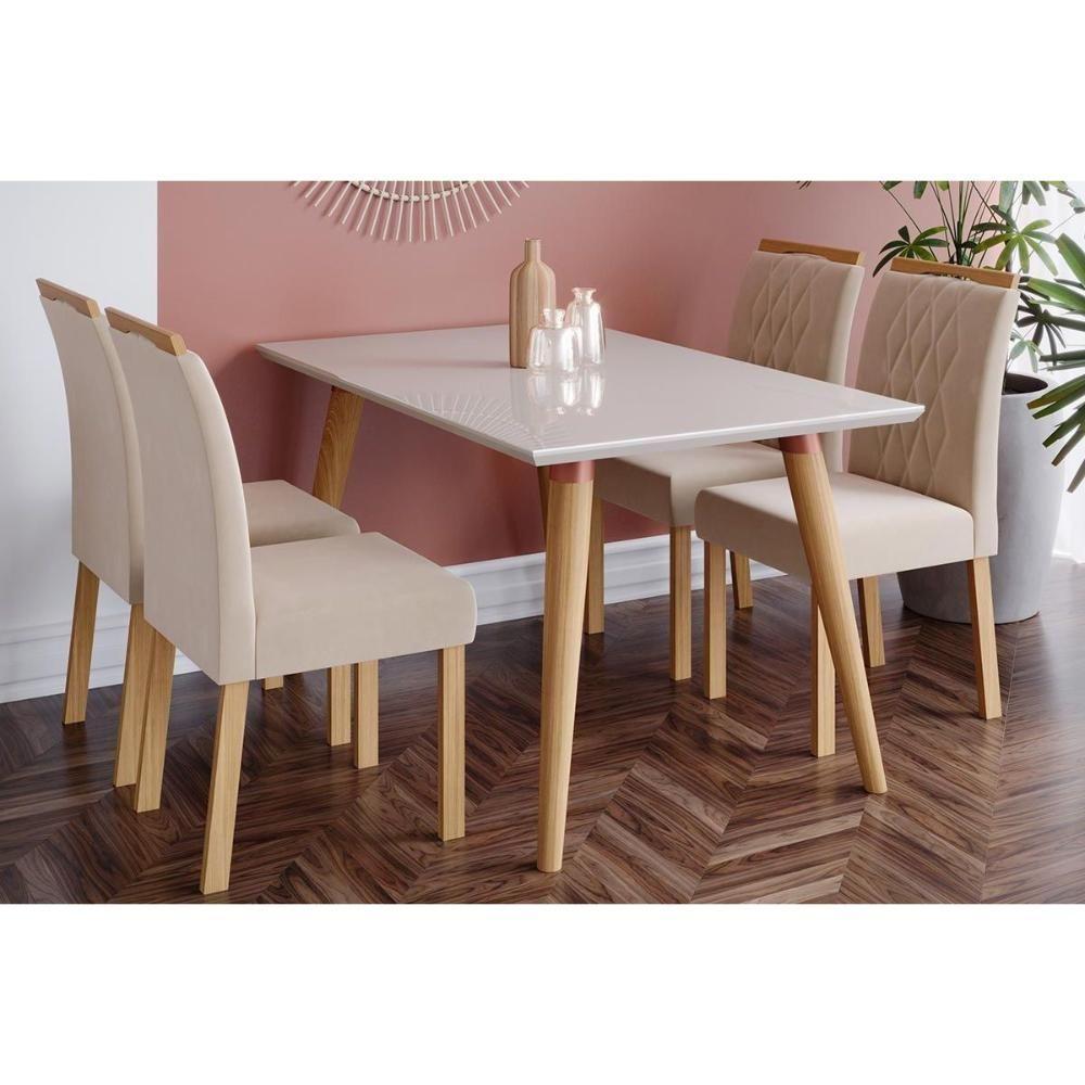 Sala De Jantar Completa C/ Tampo Madeirado 130cm + 4 Cadeiras Juliana Madeira/suede Nude - 1