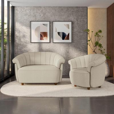 Conjunto de Sofás Latvia 3 Lugares Bouclê Bege com Pés de Madeira Gran Belo