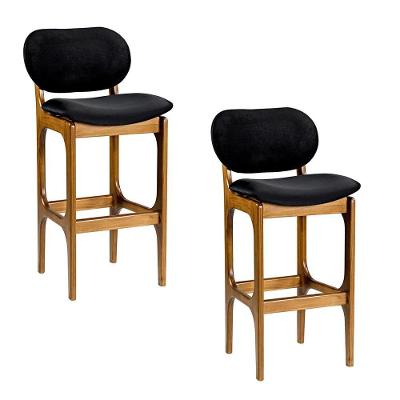 Kit 2 Banquetas Altas Soshoku G42 Assento Veludo com Encosto Preto Imbuia Gran Belo