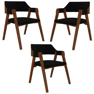 Kit 3 Cadeiras Poker Madeira Maciça Veludo Preto Imbuia Gran Belo